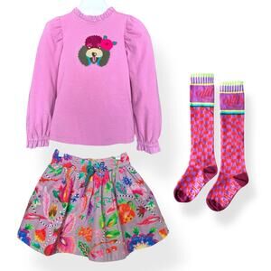 Oilily Floral Sweatshirt, Skirt, High Socks Outfit Size 104 ( 4 years) Green